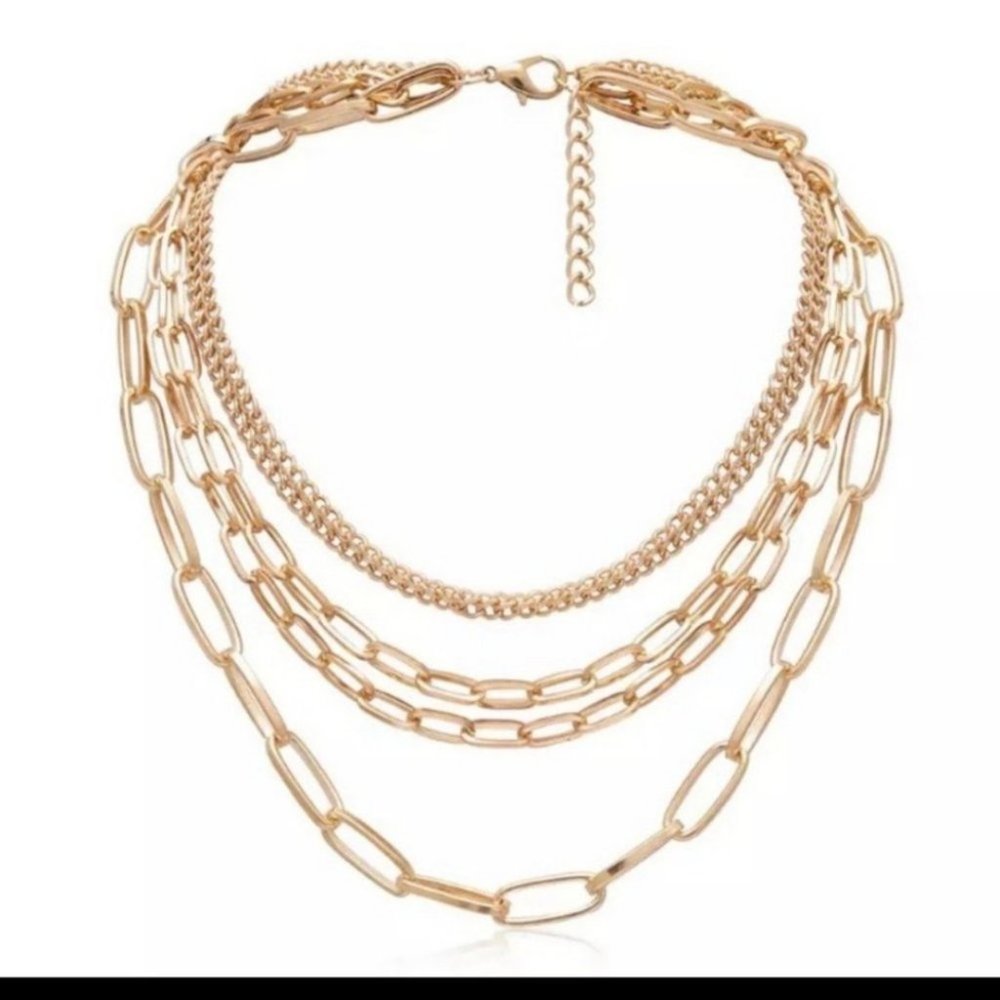 *Multi Layered Gold Chain Punk Choker Necklace - Picture 3 of 5